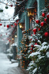 Aufkleber - A picturesque snowy street adorned with festive Christmas decorations. Perfect for holiday-themed projects and winter-themed designs