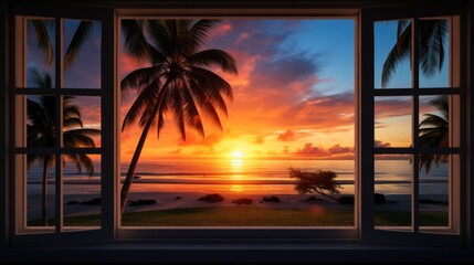 Aufkleber - An open window with a view of the ocean and palm trees. Perfect for travel brochures or websites