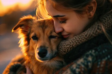 Wall Mural - A woman holding a dog in her arms. Suitable for pet lovers and animal-related content