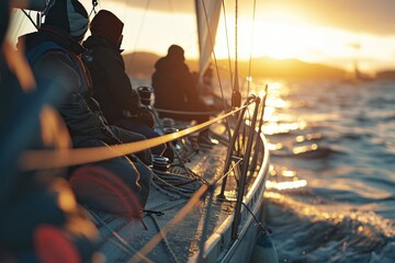 Poster - A picture showing a group of people on a sailboat in the ocean. Suitable for travel, adventure, and leisure-themed projects