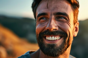 Aufkleber - A man with a beard smiling at the camera. Suitable for various uses