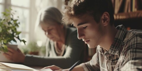 Poster - A man and a woman are seated at a table, engaged in writing. This image can be used to depict teamwork, collaboration, office work, or studying
