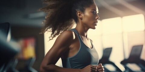 Sticker - A woman running on a treadmill in a gym. Suitable for fitness and exercise-related content