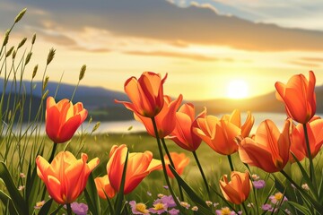 Poster - A beautiful sunset illuminating a field of vibrant flowers. Perfect for adding a touch of natural beauty to any project