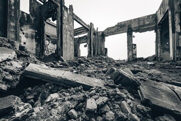 Poster - A black and white photo of a destroyed building. Suitable for editorial use or to depict urban decay