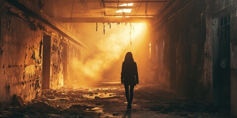Aufkleber - A person standing in a dark room with a light shining down from the ceiling. This image can be used to depict solitude, contemplation, or the contrast between light and darkness