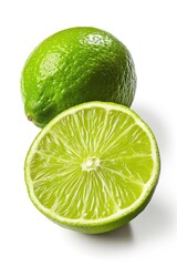 Poster - Freshly cut limes sliced in half placed on a clean white surface. Ideal for food and beverage-related projects