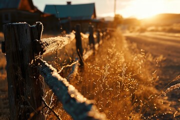 Poster - Sun setting behind a barbed fence. Suitable for depicting solitude, imprisonment, or confinement.