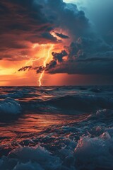 Poster - A stunning sunset with a dramatic lightning bolt emerging from the clouds. Perfect for adding a touch of awe and excitement to any project