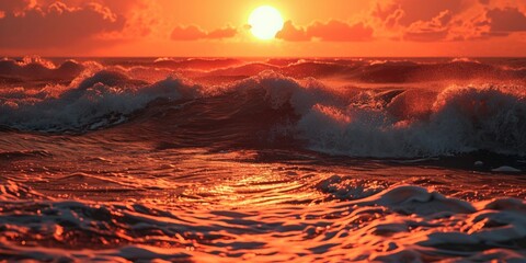 Poster - A beautiful sunset over the ocean waves. Perfect for beach-themed designs and coastal landscapes