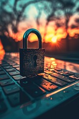 Aufkleber - A padlock sitting on top of a laptop keyboard. Perfect for illustrating data security and protecting sensitive information