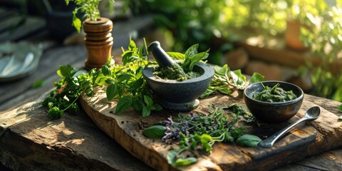 Aufkleber - A wooden cutting board with bowls of various fresh herbs. Perfect for food blogs, recipe websites, or cooking-related articles