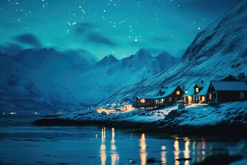 Poster - A picturesque house nestled on the shore of a snowy mountain. Perfect for winter-themed designs and advertisements