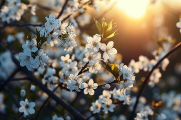 Poster - A close-up view of a tree with beautiful white flowers. Perfect for nature enthusiasts or those looking to add a touch of elegance to their designs