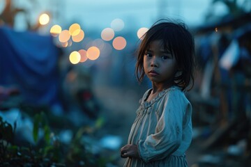 Poster - A young girl standing alone in the middle of a street. Suitable for various uses