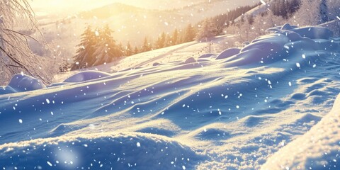 Aufkleber - A picture of a snow-covered hill with trees in the background. This image can be used to depict winter landscapes or outdoor winter activities