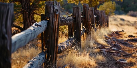 Poster - A picture of a wooden fence in the middle of a field. This image can be used to represent rural landscapes or as a background for various outdoor themes