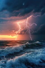 Poster - A powerful lightning bolt striking the sky above a serene body of water. This captivating image captures the raw energy of nature's forces.