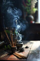 Poster - A picture of incense sticks placed in a bowl, emitting smoke. Perfect for creating a calm and relaxing atmosphere.