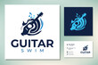 Ocean Sea Wave Water Aqua Swim with Guitar Music Instrument and Swimmer for Swimming Sport Song logo design
