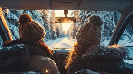 Wall Mural - A picture of two people sitting in the back seat of a car surrounded by snow. Perfect for illustrating winter road trips or cozy car rides in snowy weather