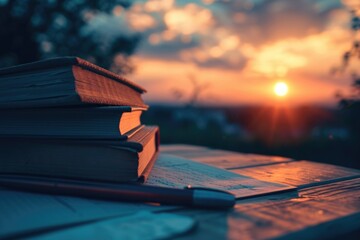 Poster - A stack of books neatly arranged on a wooden table. Perfect for educational, library, or study-related themes