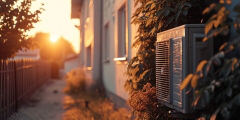 Poster - An air conditioner sitting on the side of a building. Suitable for depicting urban environments and climate control