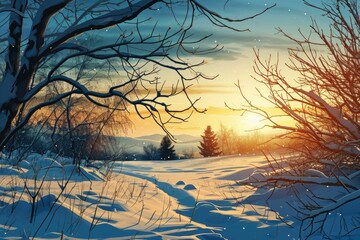 Poster - A beautiful snowy landscape with the sun setting in the background. Perfect for winter-themed designs and advertisements