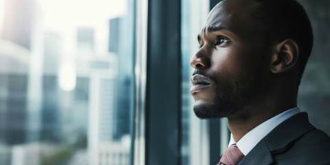 Poster - A man in a suit standing by a window, gazing outside. Suitable for business and office-related concepts