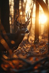 Poster - A deer standing in the middle of a forest. Suitable for nature-themed designs and wildlife concepts