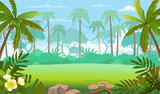Fototapeta Pokój dzieciecy -  Jungle forest view. Jungle with green tropical trees, river or lake, plants, shrubs and flowers. Wildlife panoramic with landscape. Vector cartoon illustration.