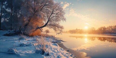 Poster - A picturesque scene of the sun setting over the water with snow-covered trees. This image can be used to depict a serene winter landscape