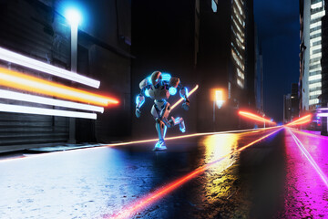 a glowing humanoid cyborg robot tunnel 3d running character glow artificial intelligence spacecraft spaceship cg android network neon intelligence race robotic fast cybernetic motion scifi cyber
