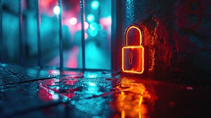 Poster - A neon padlock sits on a wet sidewalk, creating a vibrant contrast against the dark background. This image can be used to represent security, protection, or the concept of locked and hidden secrets