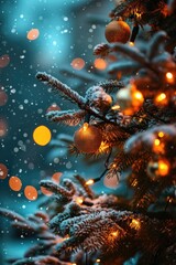 Aufkleber - A close-up view of a Christmas tree adorned with twinkling lights. This image can be used to add a festive touch to holiday-themed designs