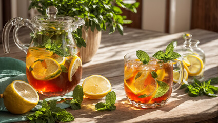 Poster - Cold tea with lemon and mint on the table in glass gourmet