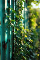 Poster - A detailed view of a green fence covered in vines. This image can be used to depict nature, gardening, or outdoor spaces