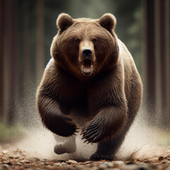 Wall Mural - angry running grizzly bear in the forest. ai generative