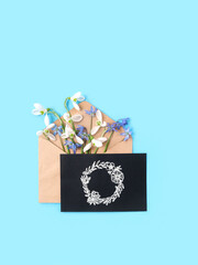 Wall Mural - snowdrop flowers in paper envelope and card on abstract blue background. spring season concept. composition in minimal style. copy space. flat lay. template for design