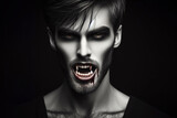 Fototapeta  - Portrait of a vampire with teeth on a black background. ai generative