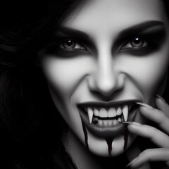 Wall Mural - Portrait of a vampire with teeth on a black background. ai generative