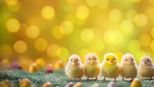 Golden Hour Gathering: Adorable Spring Easter Chicks Amidst a Shimmering Bokeh Background, Open and Empty Copy Space, Looping