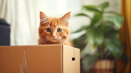 red cat sitting in a cardboard box on blurred living room background, moving concept