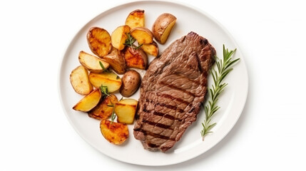 Wall Mural - grilled beef steak and potatoes on plate isolated on white background. AI Generative