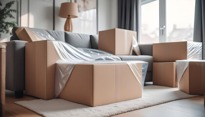 Modern furniture covered with plastic film and boxes at home