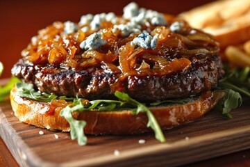 Wall Mural - Culinary Delight: Dive into the Savory Goodness of a Bison Burger, Topped with Creamy Blue Cheese and Caramelized Onion with Arugula, for an Unforgettable Taste Experience.