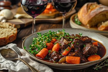 Canvas Print - Boeuf Bourguignon: A hearty beef stew made with red wine, beef broth, carrots, onions, and mushrooms, creating a deeply flavorful and tender dish