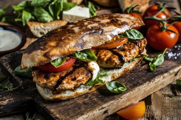 Wall Mural - Caprese Turkey Burger: A lean patty adorned with fresh mozzarella, tomatoes, basil, and balsamic reduction, served on a light ciabatta bun for a flavorful and healthy twist.

