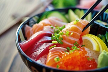 Canvas Print - A Feast for the Eyes with Chopsticks: Chirashi Sushi Bowl with Sushi Rice Topped with Colorful Raw Salmon, Tuna, and Roe - A Japanese Delight.