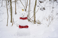 New Year Snowman In Winter Snowy Forest Decorated With Red Ribbon With Bell On Head And Crystal Nose